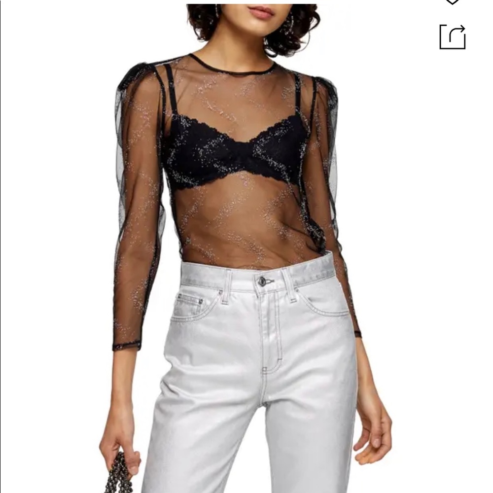 Topshop Crystal Embellished Sheer Mesh Top